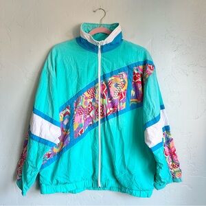 Vintage 80s 90s Traxton Women's Colorful Teal Windbreaker Jacket Size Medium EUC